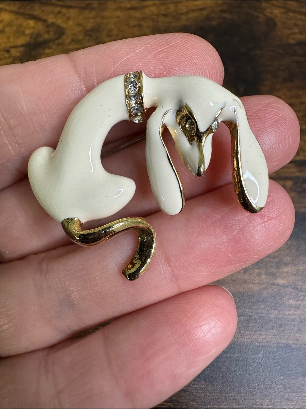 White and Gold Enamel Dog Brooch with Rhinestones